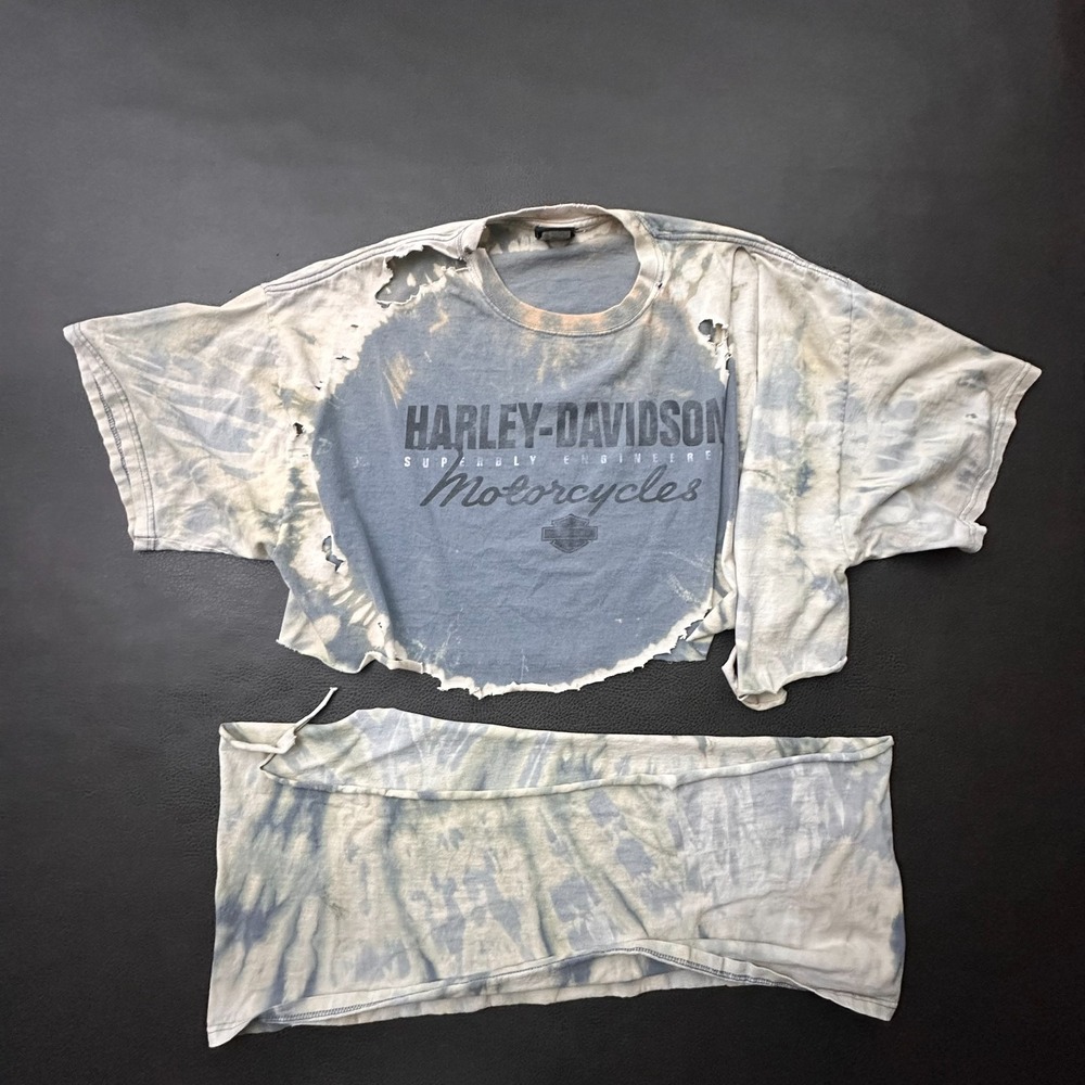 VTG Harley Davidson Destroyed T Shirt Mens 2XL Gray Blue Tie Dye Thrashed Grunge